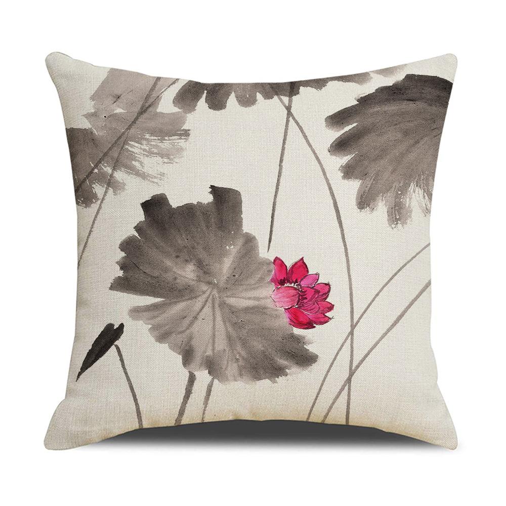 Chinese Style Series Ink Flower and Grass Print Pillow Linen Print New Chinese Style Home Sofa Pillow Living Room Bedroom