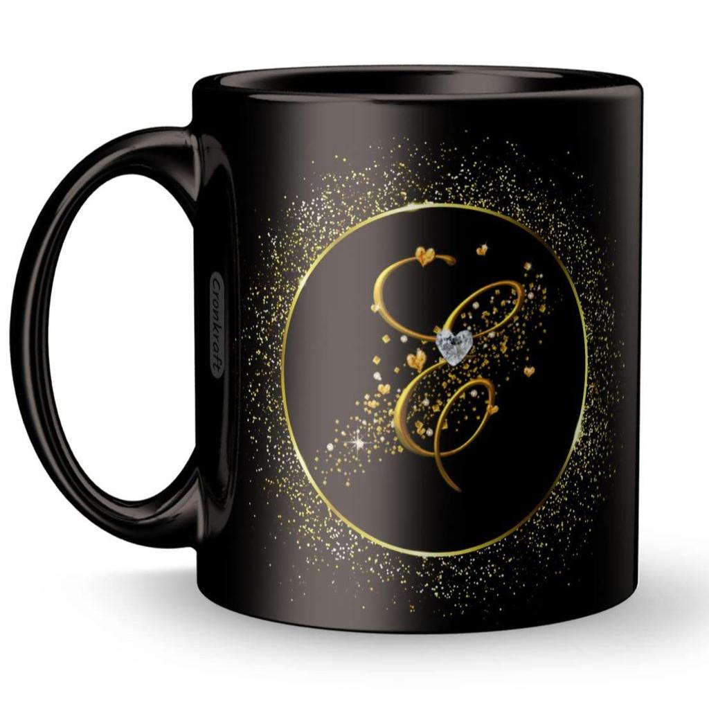 Golden Frame with E Alphabet Letter Printed Ceramic Mug + Keychain,Gift for Love,Birthday,Wife, Husband,  (E Alphabet)