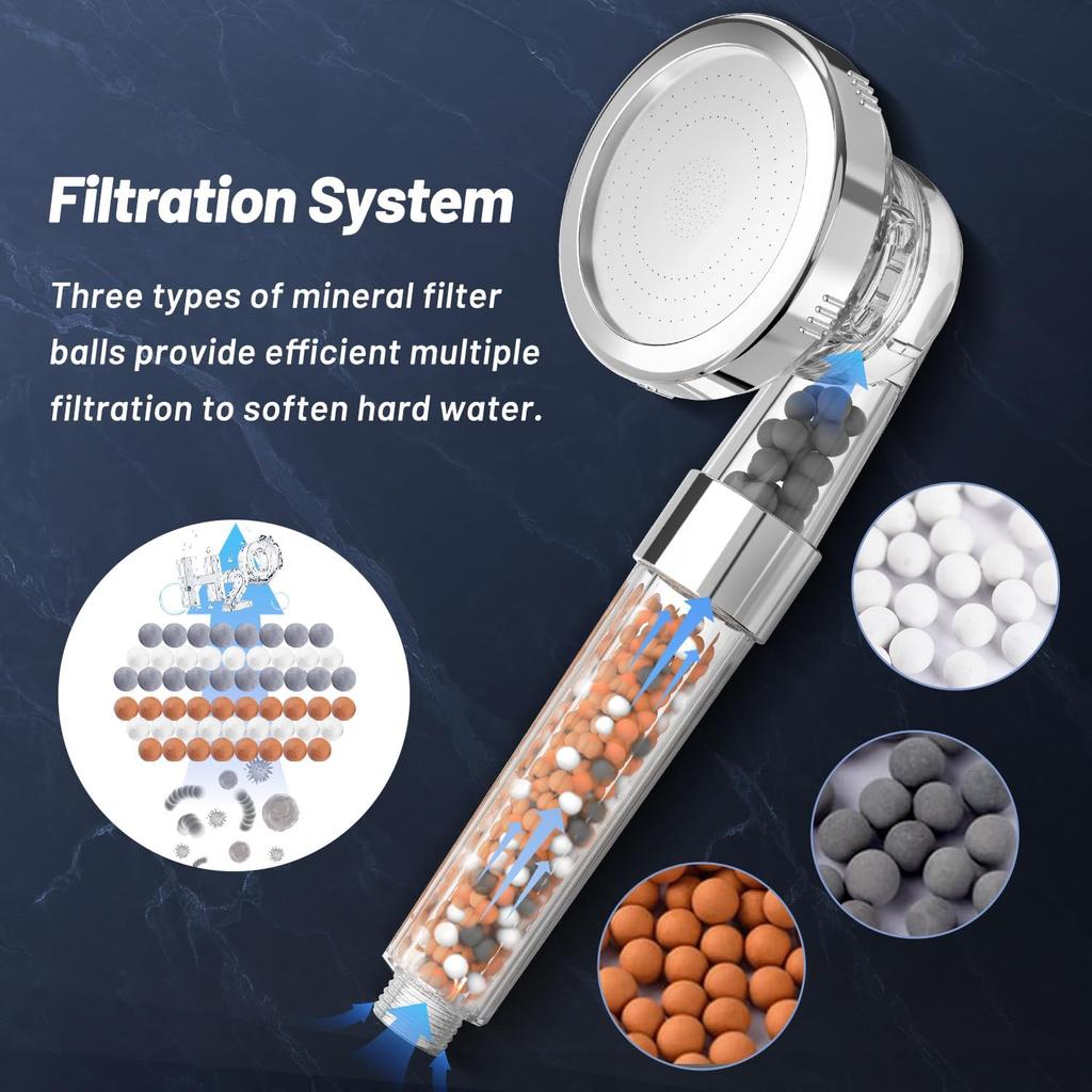New Shower Bath Head Adjustable 3 Mode High Pressure Stone Stream Handheld Shower Head With Negative Ion Activated Ceramic Balls