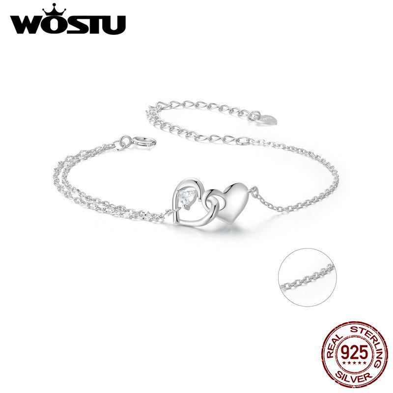 WOSTU 925 Sterling Silver Heart To Heart Chain Bracelet For Women AAA CZ Double Links Wedding Jewelry Mom Daughter Birthday Gift