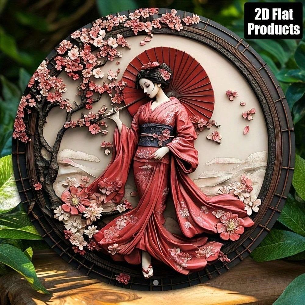 Japanese Kimono Cherry Blossom Geisha Round Aluminum Wall Art 8x8 Inch Metal Sign Home Office Decor Zen