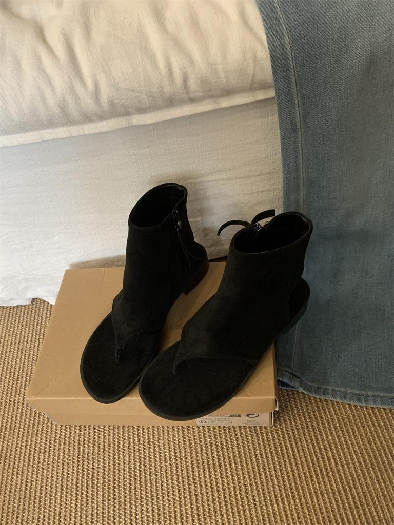 Coarse heel suede toe cool boots women's shoes thin breathable khaki with skirt small short boots