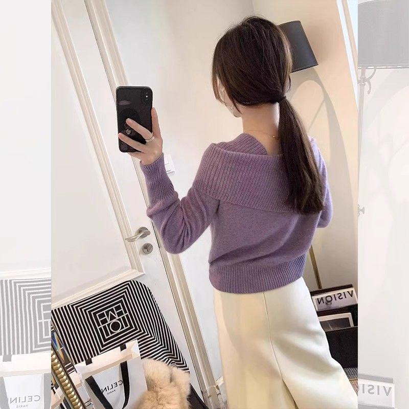 2024 Autumn/Winter French Knitwear: Women's Korean Fashion One-Shoulder Clavicle Lapel Base Shirt