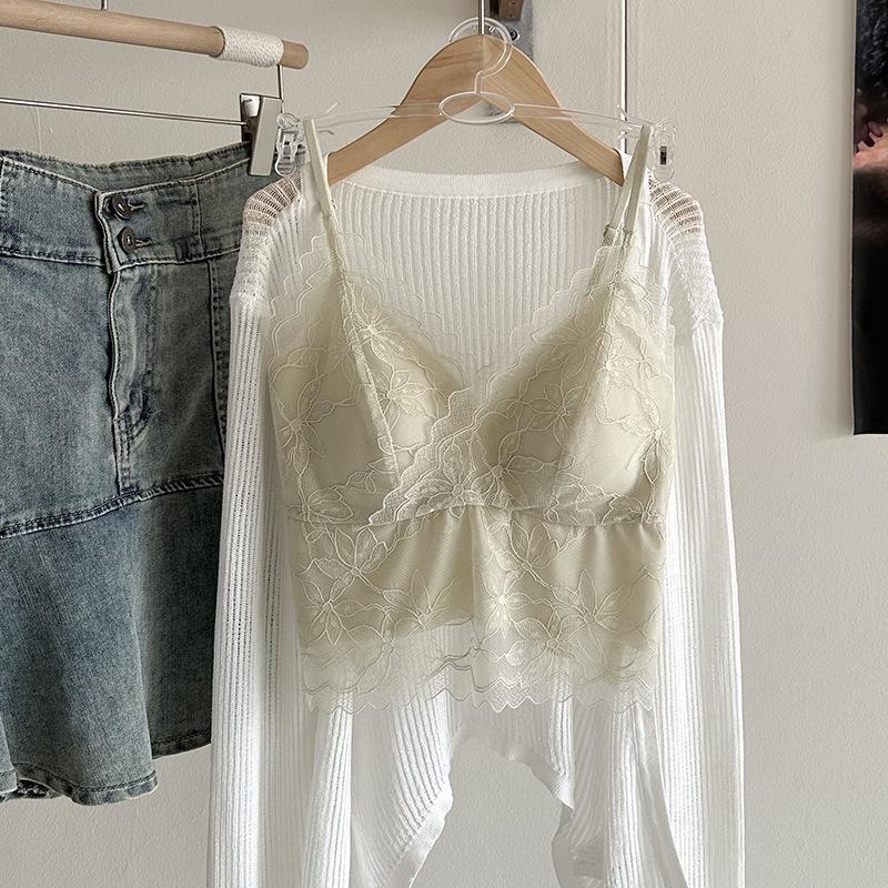 Ya Shuang French Embroidery Lace Camisole with Fixed Cups and Pads - Versatile & Comfortable