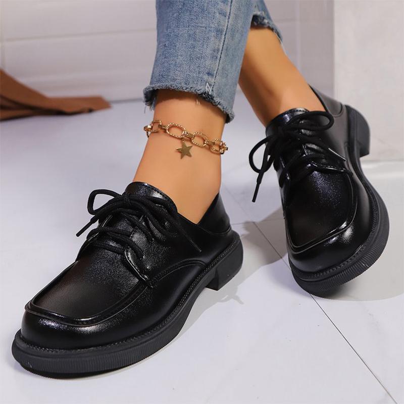 Fashion Faux Pu Leather Loafers Shoes Women 2025 Non Slip Black Lace Up Loafers Round Toe Platform Casual Shoes Female