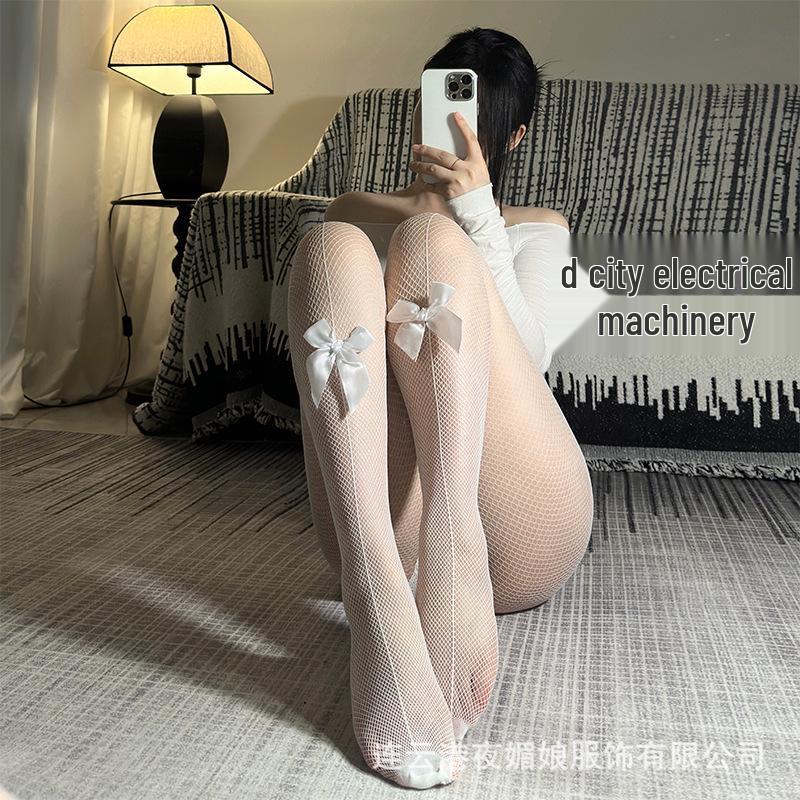 Alluring Black Fishnet Stockings with Playful Bow - Sexy, Thin Pantyhose