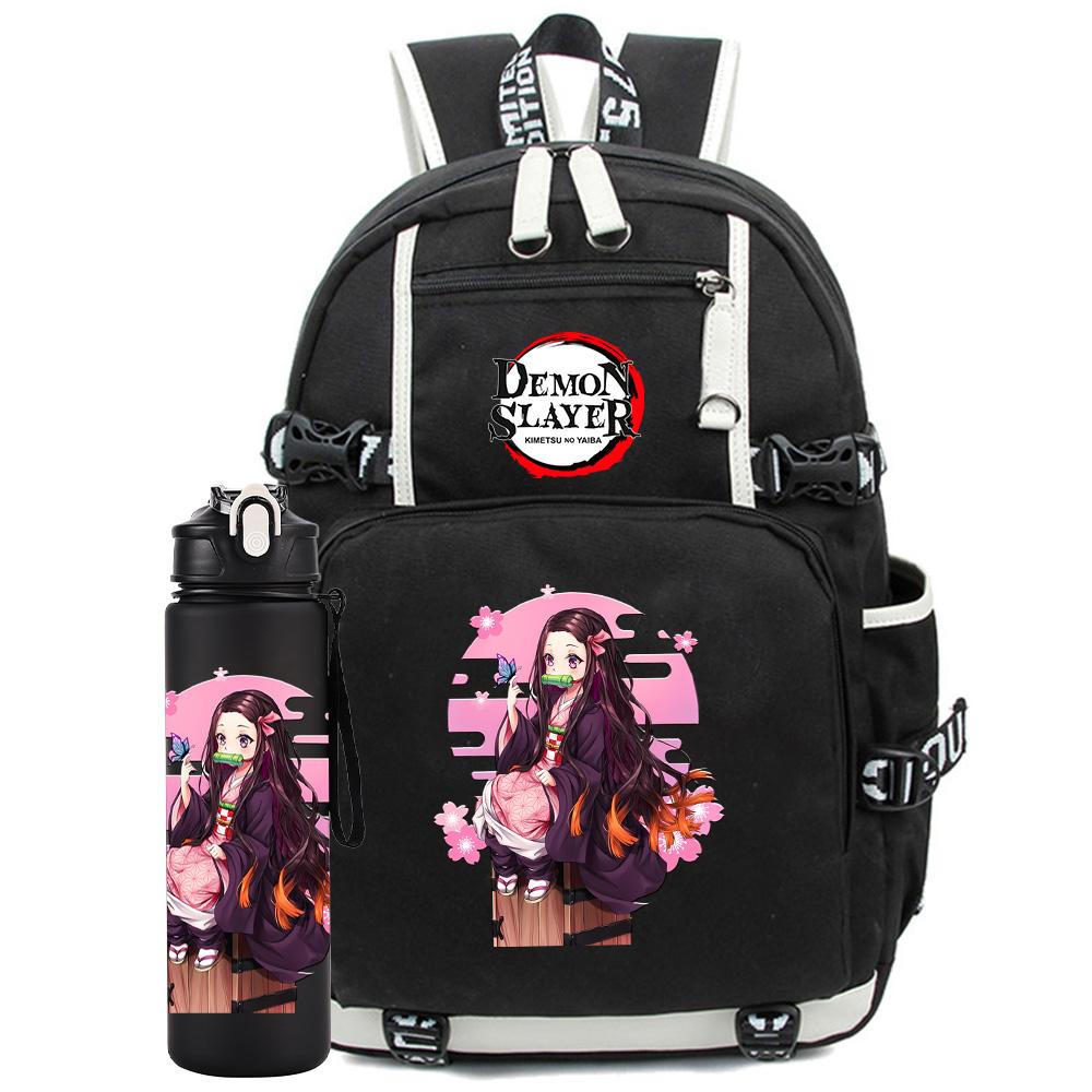 2Pcs/set Anime Demon Slayer Printed Backpack with 750Ml Water Bottler for Teenager Student Girl Boy Large Capacity Waterproof Bookbag Gift