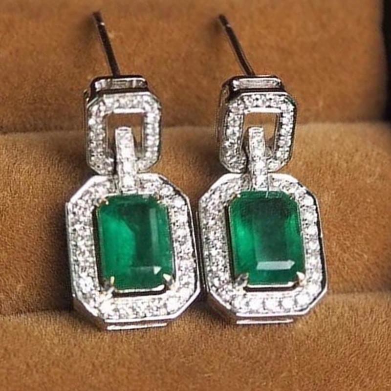 

925 Sterling Silver Green CZ Dangle Earrings Women Geometric Shaped Designed Lady s Ear Earrings Retro Party Jewelry Anniversary