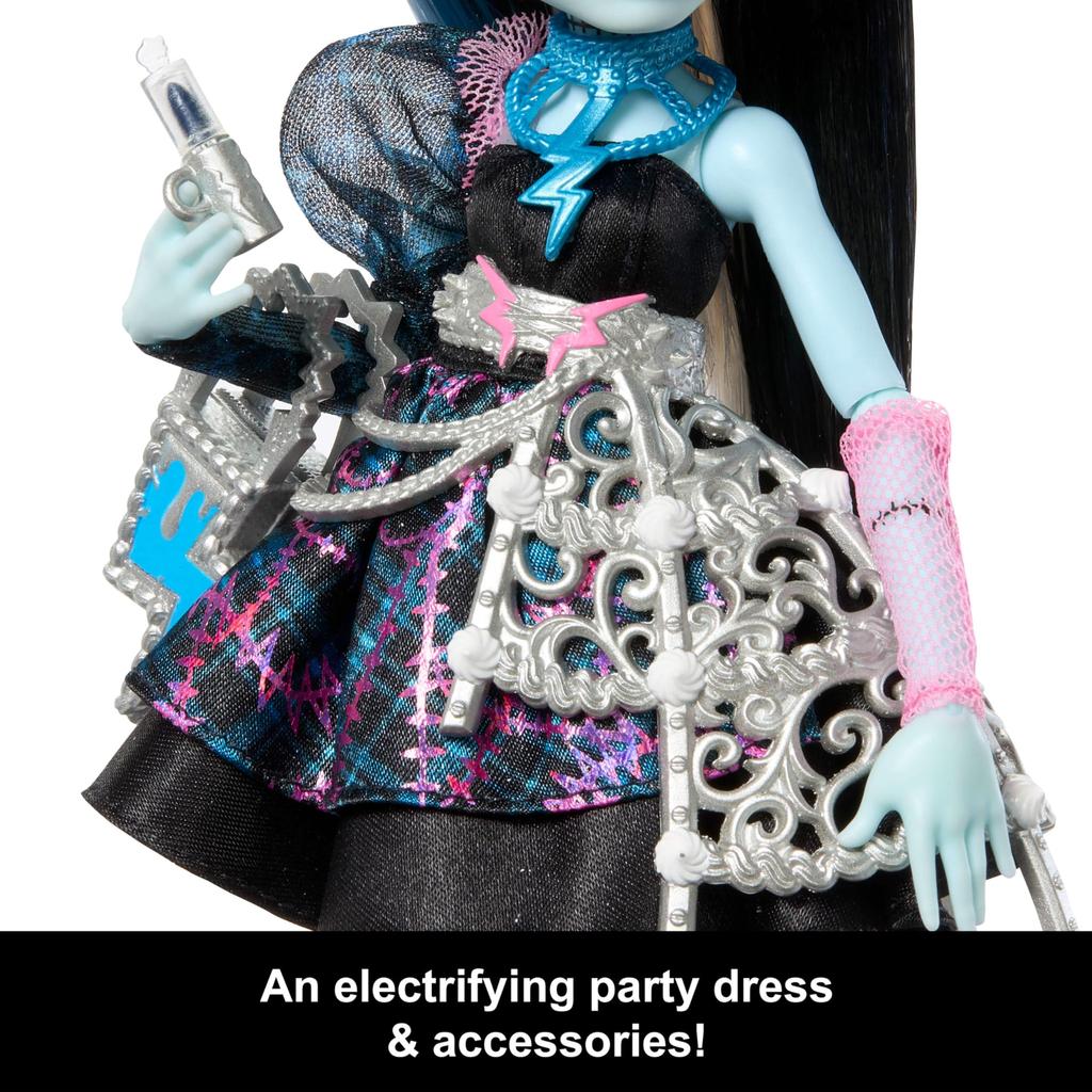 Monster High Scary Sweet Birthday Frankie Stein in a Black Party with themed accessories including an and Doll, Dress, invitation, balloons, toys,