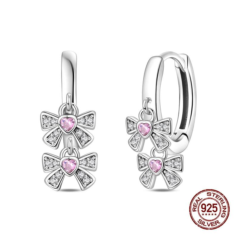New Earring For Women 925 Silver Sparkling Cordate Zircon Pink Bow Princess Double Hoop Earrings Luxury Festival Party Jewelry