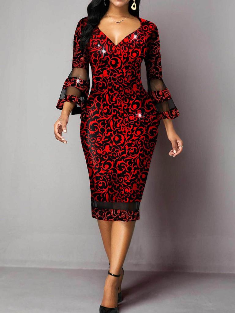 European Elegance: Floral Mesh Patchwork Bodycon Skirt Dress - V-neck Style for Women (2025)