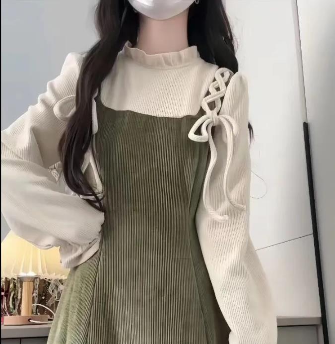 Autumn Women's Korean Style Long Sleeve Base Shirt Tops Waist Cinching Slim Effect Shoulder Strap Dresses Two-piece Set