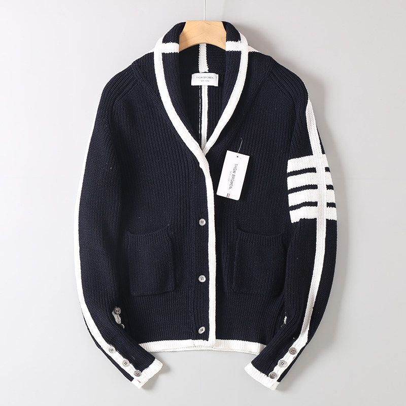 College-Style Cardigan for Men and Women, Four-Stripe Knit Sweater, Thickened for Warmth, Convertible High Collar, Long-Sleeve Sweater Jacket