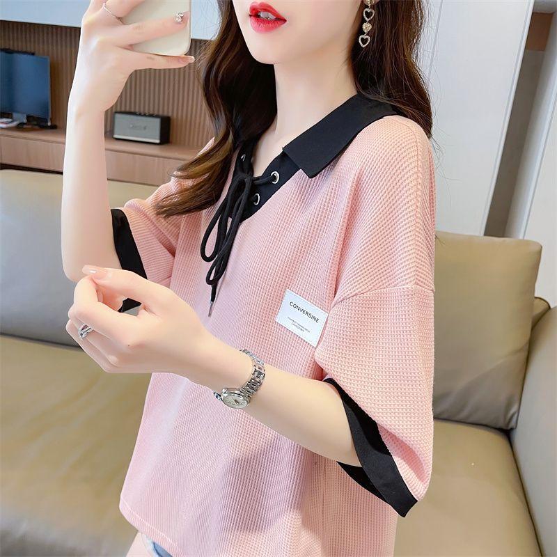 Frühling Sommer Kontrast Schnürung Lockere T-Shirts Polokragen Langarm Patchwork Trend Tops Tees Lässige Mode Damenbekleidung