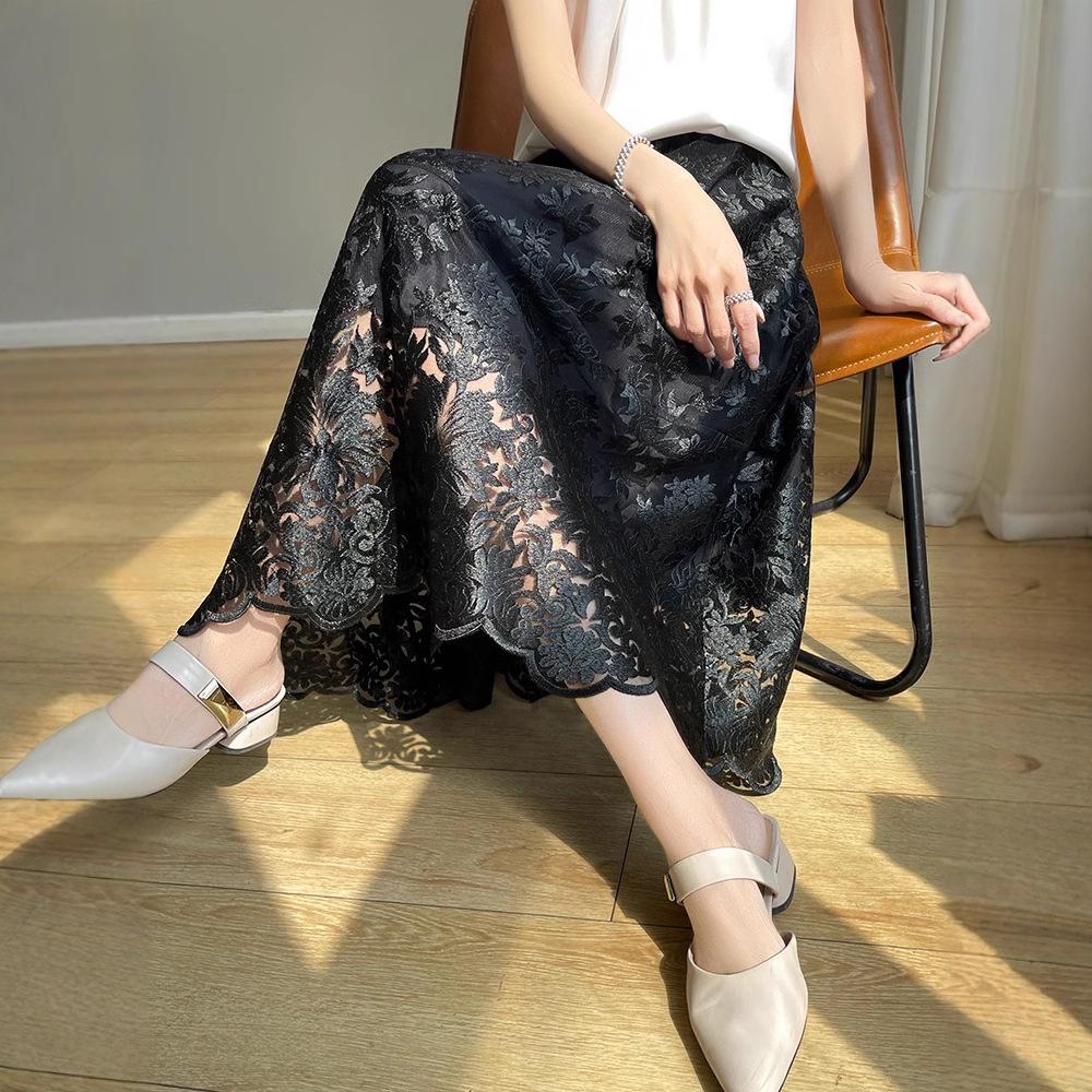 Summer 2025 High Waist A-Line Lace Midi Skirt