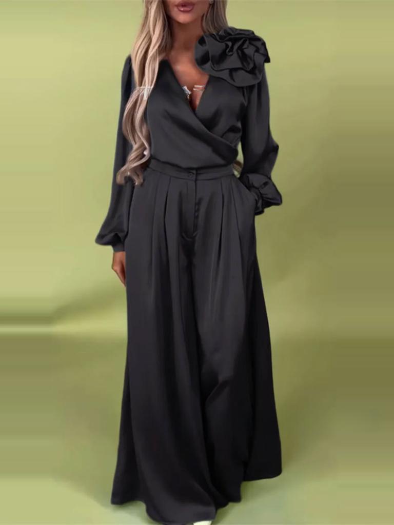 Ensemble Pantalon Large à Jambes Larges et Haut Élégant de Luxe à Manches Longues et Décolleté en V pour Femmes au Printemps