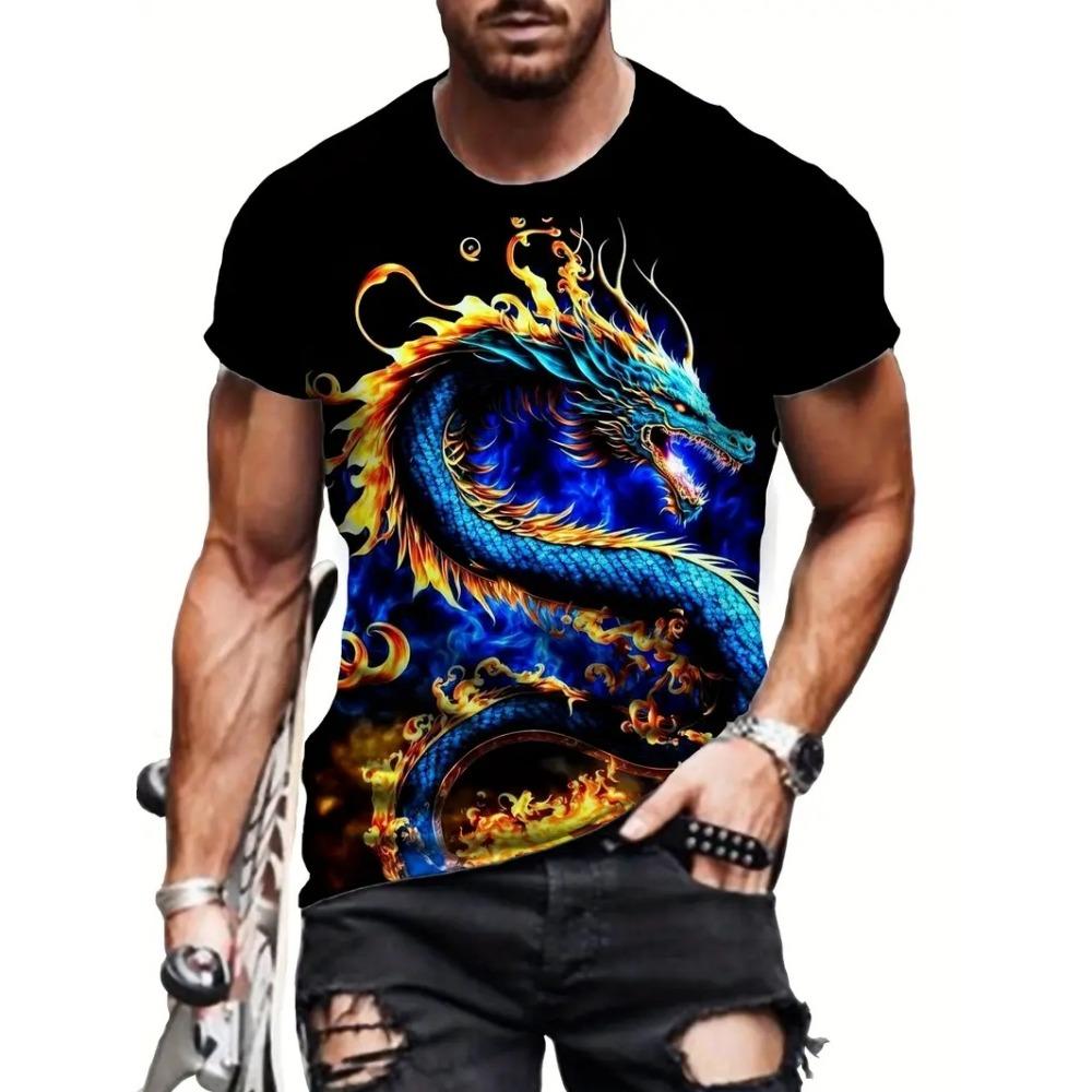 Men's T-shirt Dragon Print T-Shirt Stylish Streetwear Crew Neck T-shirt Outdoor Casual Plus Size Tees Top Women Clothing