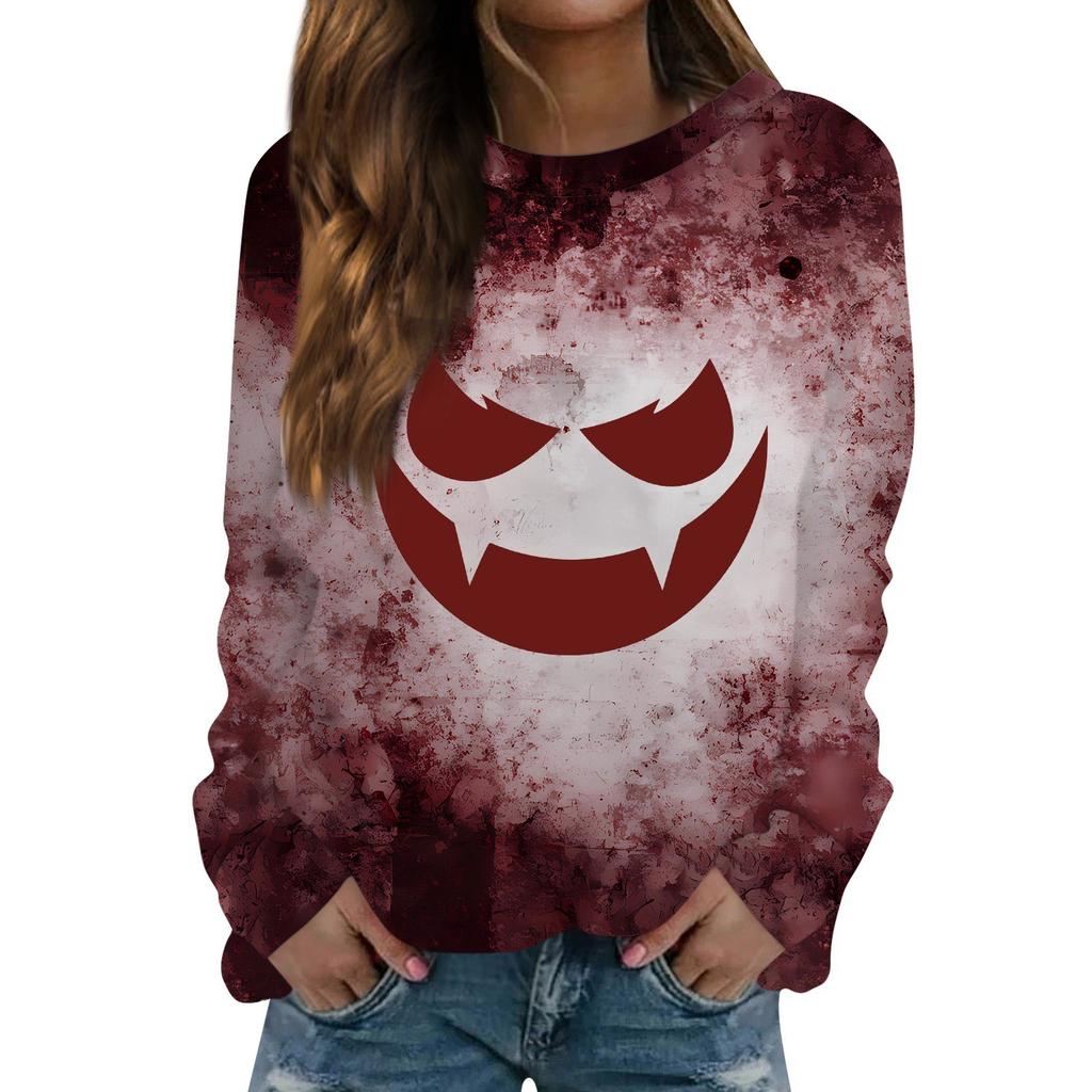 Tops für Damen, Damen, Casual Fashion, Halloween-Print, Langarm, Rundhalsausschnitt, Pullover, Top, Bluse, Ropa De Mujer, Kleidung