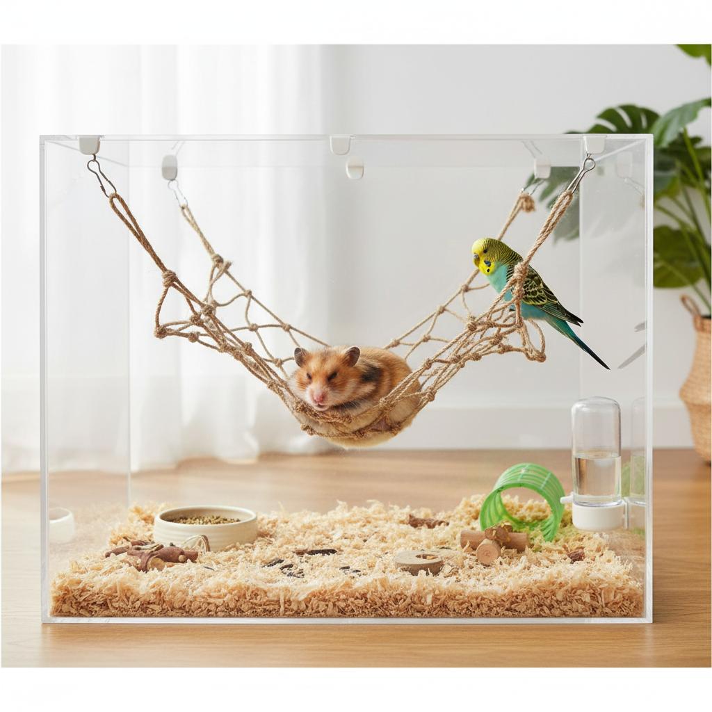 Hemp Rope Climbing Net for Pet Birds and Hamsters with 4 Alloy Hooks, Non-Slip Durable Cage Accessory as Hanging Bed or Swing