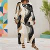 Women Plus Size Two Piece Set Round Neck Long Sleeve Printed Layered Top Wide Leg Cropped Pants