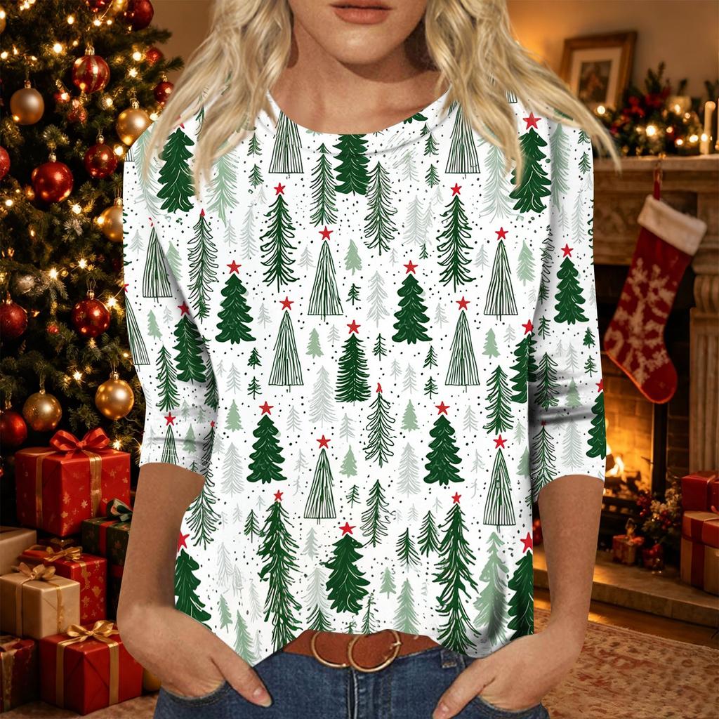 Women's Casual Three-Quarter Sleeve Christmas Print Round Neck Top