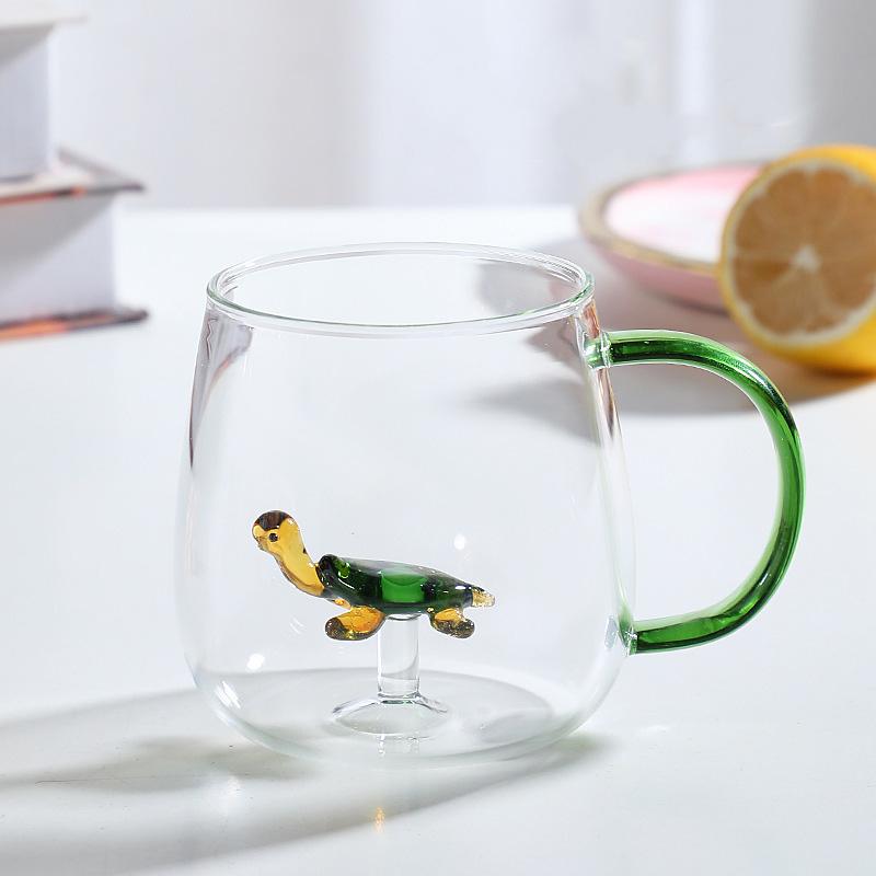Ceașcă de sticlă creativă 3D cu animale/flori, cu mâner, cu un singur strat de borosilicată înaltă, ceașcă de cafea și lapte, drăguță, transparentă, de vară