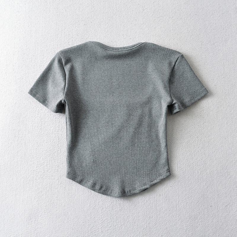 Sexig djup U-ringad T-shirt dam sommar Europeisk och Amerikansk smal passform oregelbunden topp