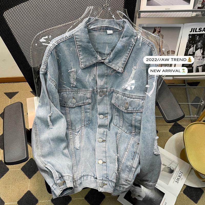 Korean Version of INS Spring and Autumn Letter Print Ripped Denim Jacket Men's American Street Tide Brand Ruffian Handsome Loose Top
