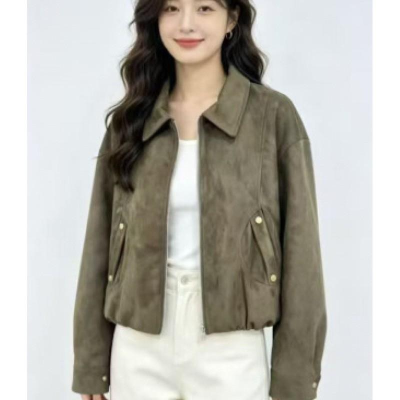 Womens Suede Velvet Short Jacket Casual Loose Fit Moto Style Cardigan In Khaki Coffee Olive