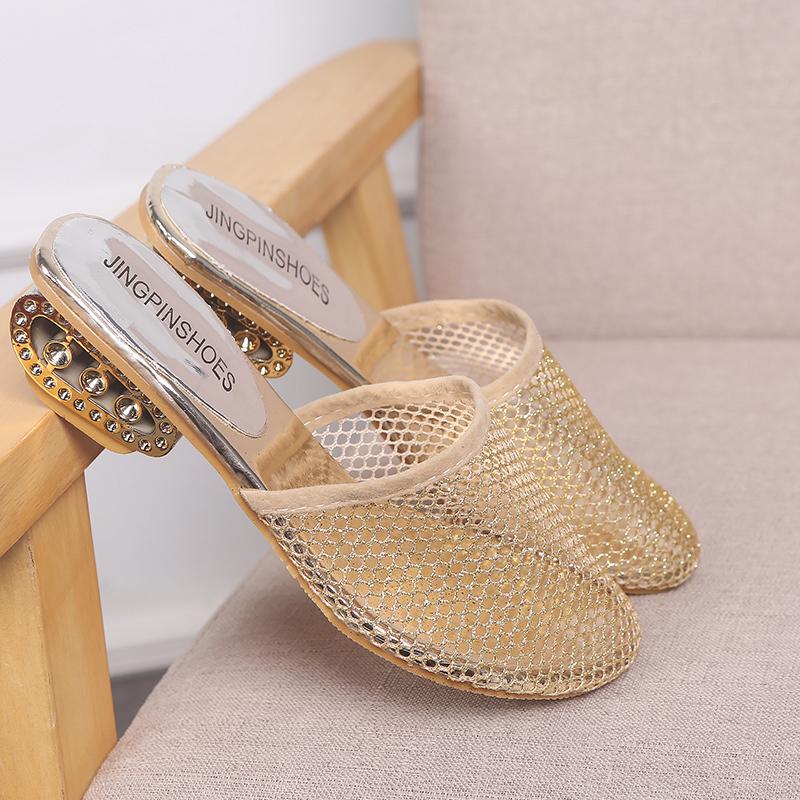 Summer Women Slippers Sexy Mesh Mules Indoor Home Slides Square Toe Female Shoes Outdoor Clogs Beach Sandals Flip Flops 43