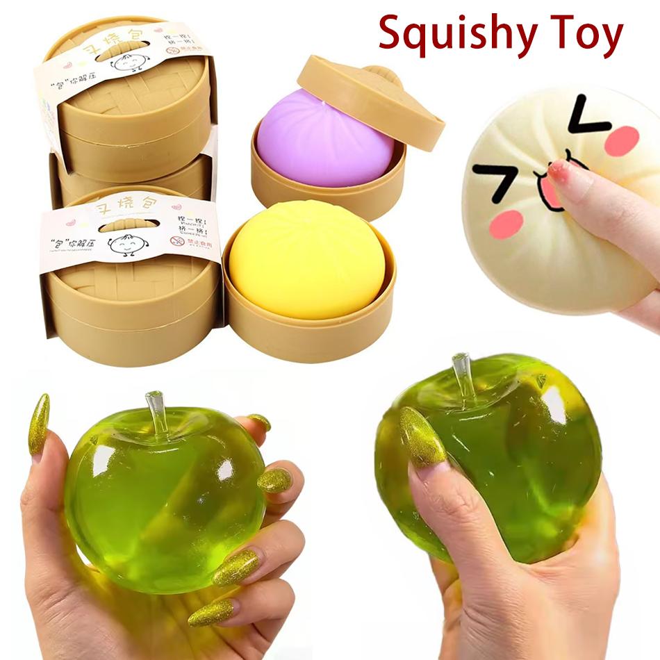 Hot Simulation Bun & Green Apple Squishy Slow Rebound Soft Stress Relief Ball Sensory Toy For Kids & Adults Birthday Gift