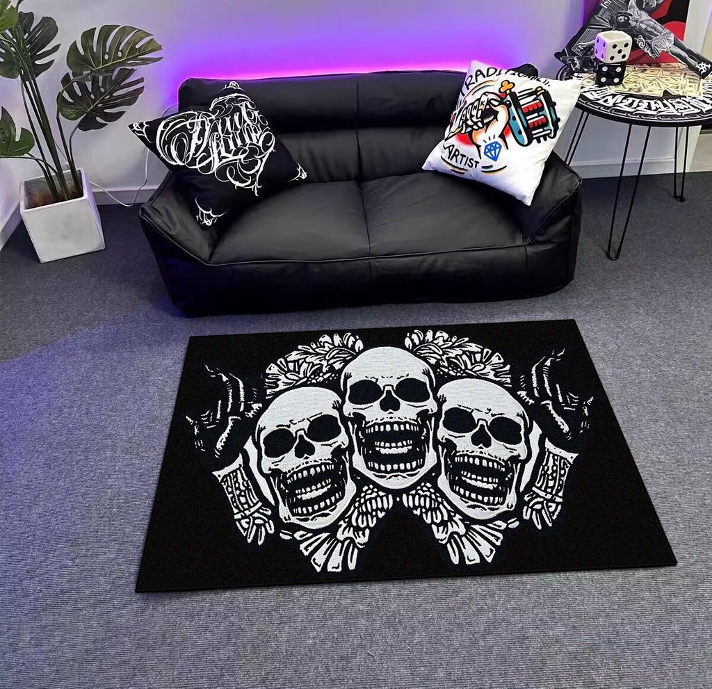 Modern Style Skull Pattern Black Carpet Big Size Non-slip Living Room Rug Soft Easy Cleaning Entrance Door Mat Machine Washable