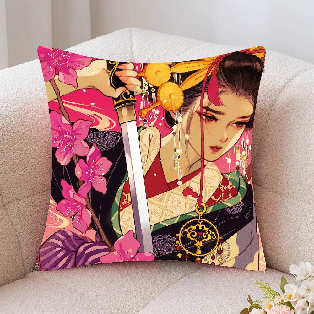 Japanese Women In Ancient Costume Pillow Case Fashion Square Pillowcase Bedroom Sofa Room Ins Decoration Leisure