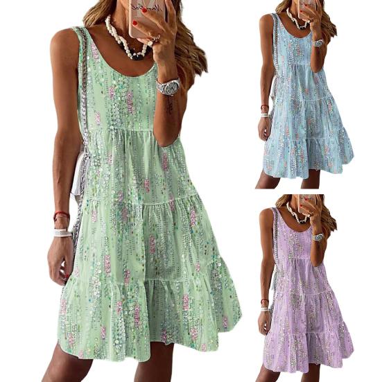 Women's summer casual floral print loose U-neck sleeveless knee-length dress