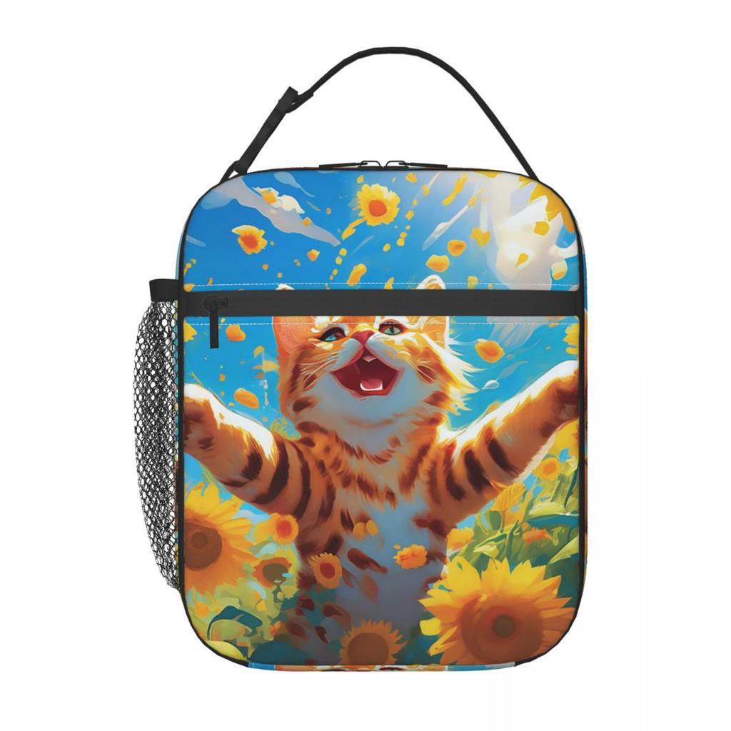 Sunflowers Surround Cat Pattern Insulated Lunch Bag for Women Children Portable Food Boxes Thermal Lunch Box Tote