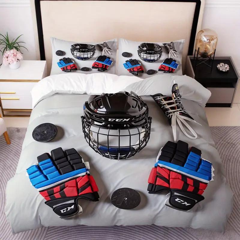 Hockey Player Duvet Cover Set Sports Theme Breathable Polyester Bedding Digital Print Machine Washable