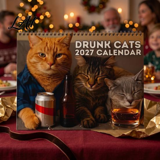 Funny Cat Cats Calendar, 2027 Drunk Wall Calendar with 12 Room Decor for Lovers