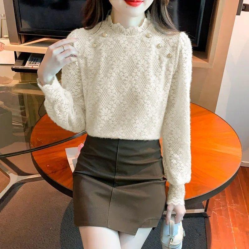 Herbst- und Winter-Flock-Spitzen-Pullover, Damen-Halbhoher Kragen Fleece-Basisschicht, Stilvolle Damen-Innenschicht, Damen-Oberteil