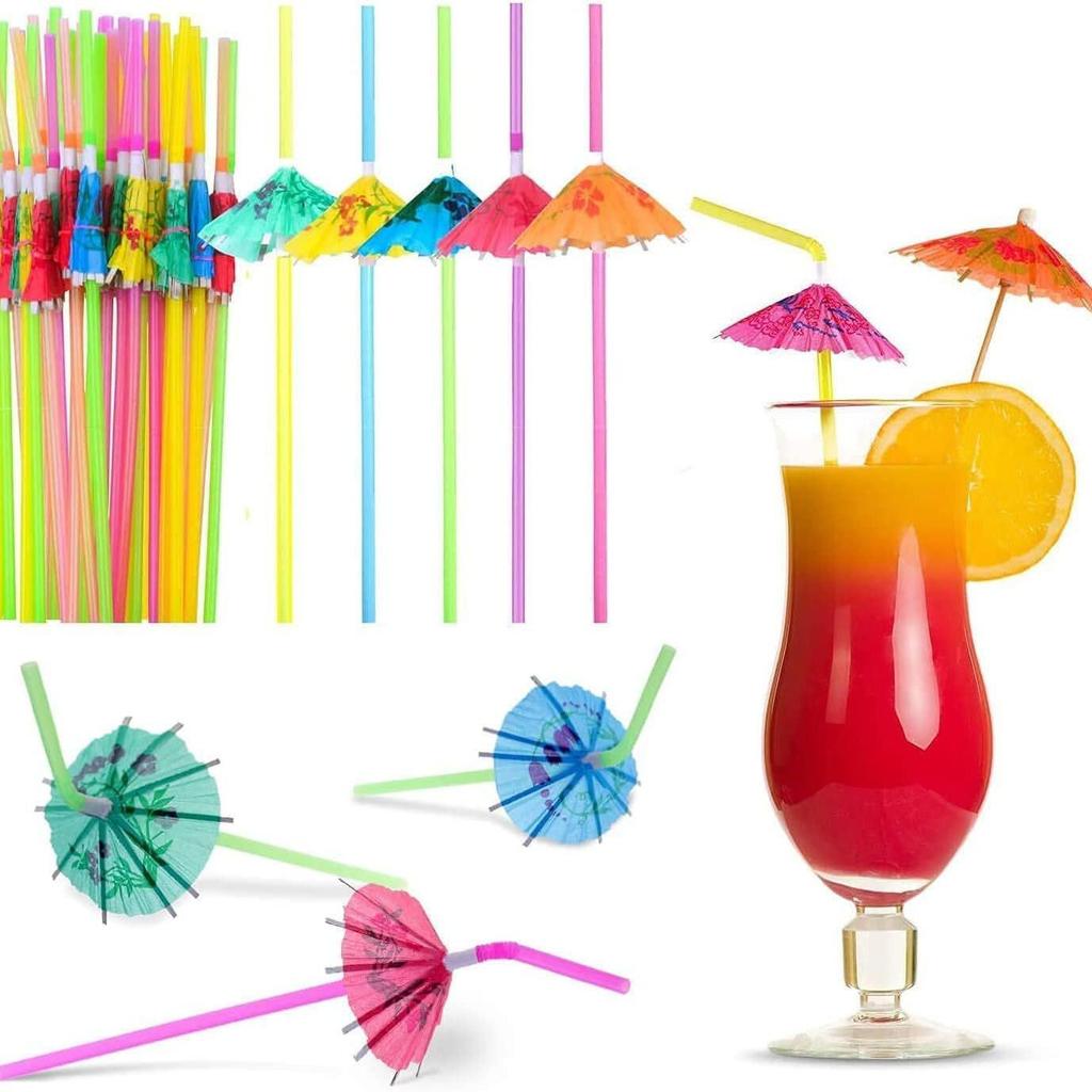 50 Fluorescent Umbrella Straws for Hawaiian-Themed Party Decoration and Craft