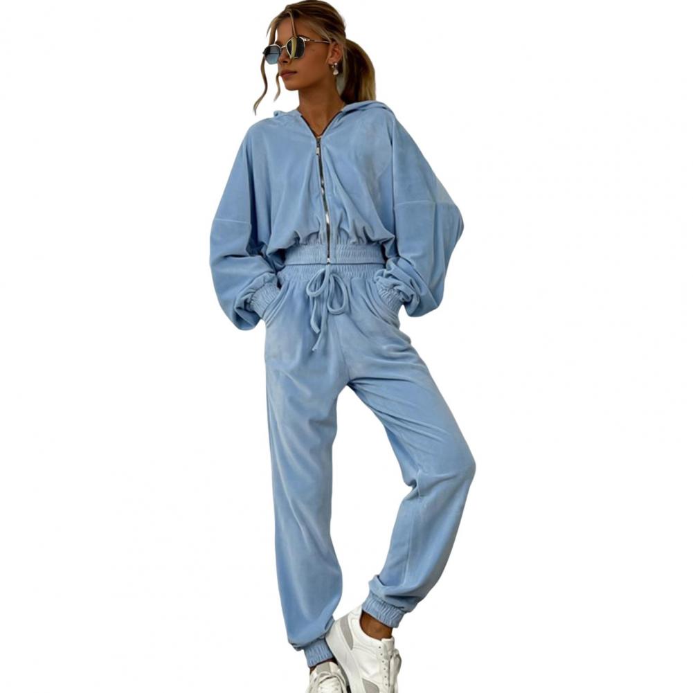 Collection of 2 Pieces Women Coat Pants Suit Hooded Zip-up Long Sleeve Short Top Elastic Hem And Waist Ankle-banded Pockets Trousers Winter D