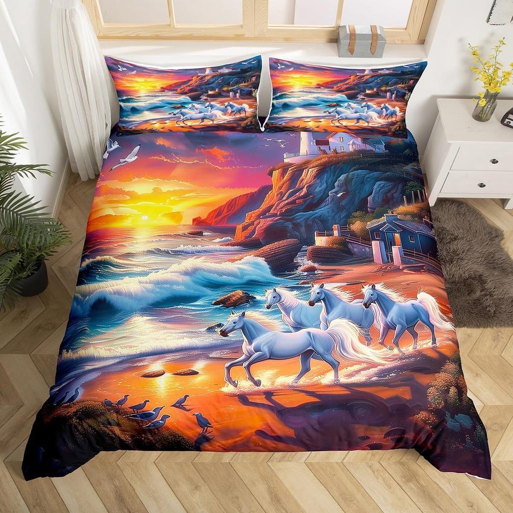 Einhorn Pferd Bettbezug Set Queen Size Träumerisches Regenbogen Bettwäsche 3 Teile Kinder Teenager Buntes Funkelndes Galaxie Set 2 Kissenbezüge