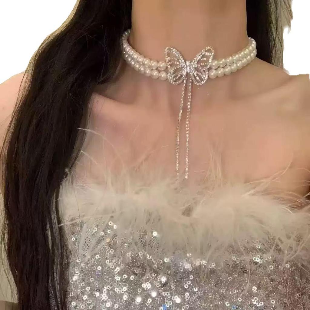 Funkelnde Diamant Schmetterling Perlenkette für Damen - Retro Süß Cool Leichter Luxus Schlüsselbeinkette