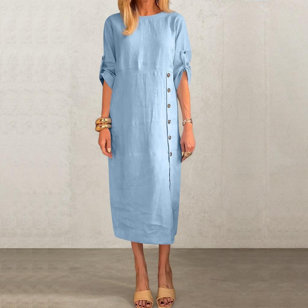 Ladies' Casual And Fashionable Solid Color Round Neck Short Sleeved Button Slit Mid Length Dress