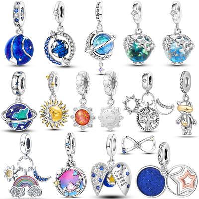 925 Silver Blue Starry Sky Sun Pendant Planet Charms Beads Fit Bracelet Women Jewelry Diy Necklace Accessory Gift