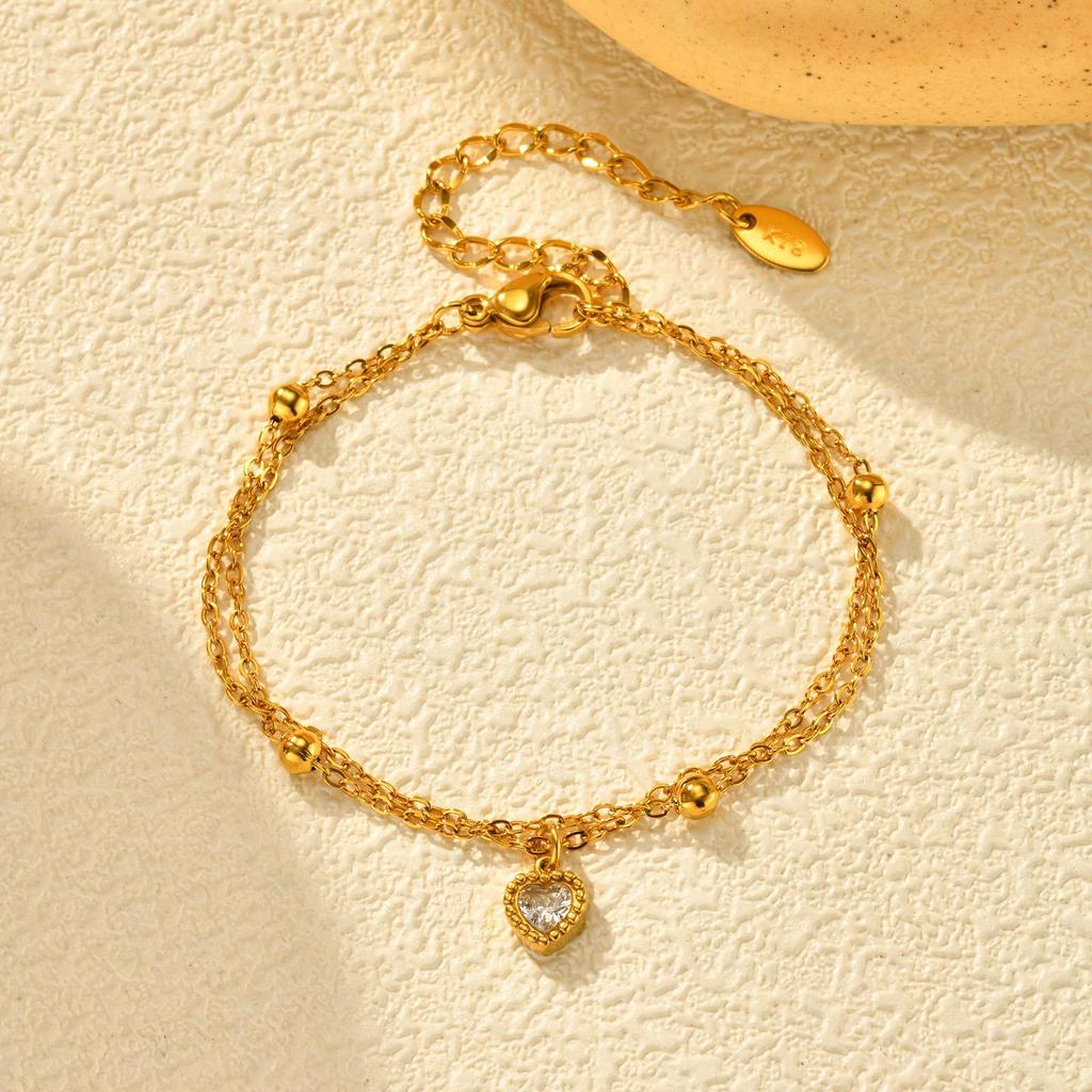 Ladies Accessories Stainless Steel Double Heart Zircon Gold Bracelet 2443