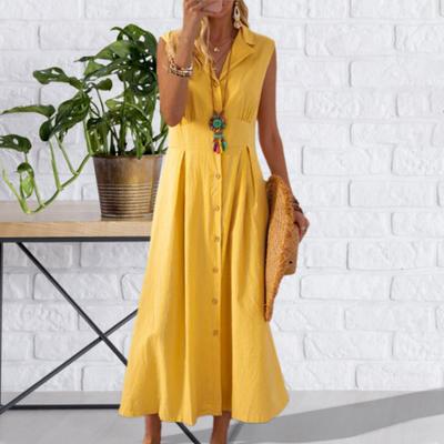 A-Line Dress Elegent Beauty Lady Dress Single-breasted Large Hem Long Dress Solid Color