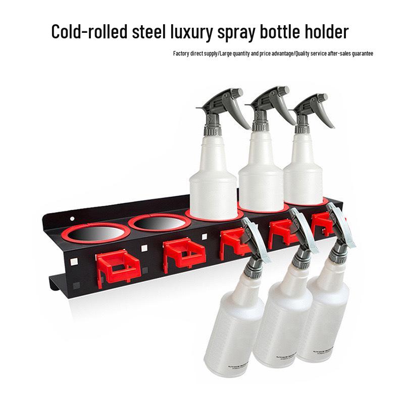 Wall-Mounted Spray Bottle Rack with 5 Holes & Hooks for Garage Storage