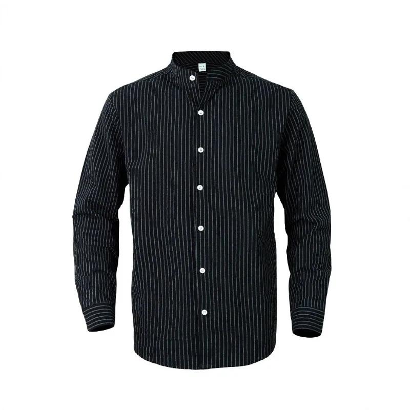

Spring and Autumn Youth Casual Business Linen Shirt Versatile Cardigan Fashionable Men s Striped Long-sleeved Shirt XXXL чорний