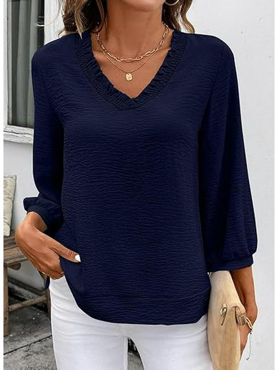 Women's V-Neck Ruffled Blouse - 3/4 Sleeve Loose Casual Shirt
