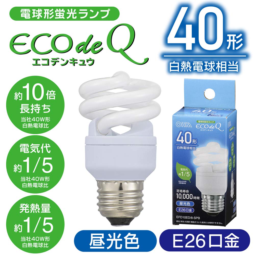 OHM Electric Spiral-type Compact Fluorescent Lamp, E26 Base, 40W Equivalent, Daylight White, EFD10ED8-SPB, 06-3771